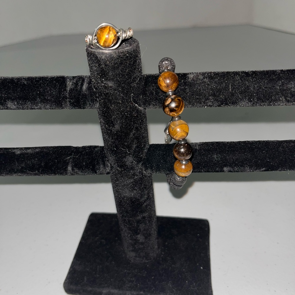 Handcrafted Tiger Eye and Lava Bracelet and Ring Crystal Set